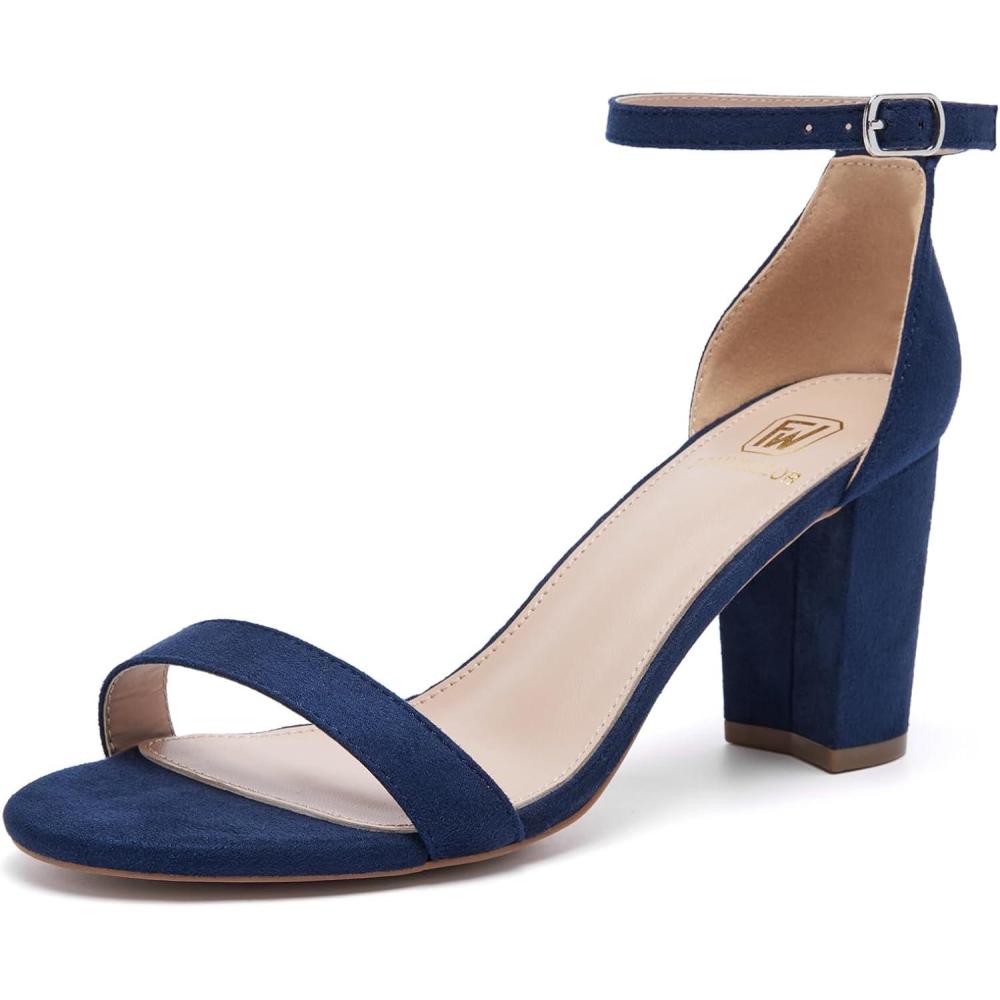 imageWomen Open Toe Low Chunky Short Heels Ankle Strap Block Heel Sandals Party Dress Wedding Pump ShoesBlue
