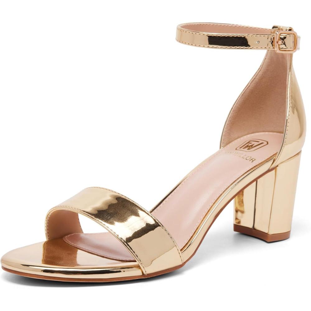 imageWomen Open Toe Low Chunky Short Heels Ankle Strap Block Heel Sandals Party Dress Wedding Pump ShoesGold