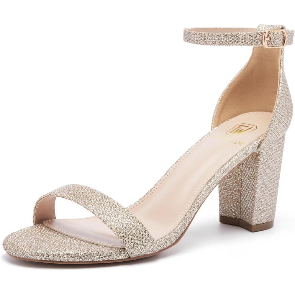 imageWomen Open Toe Low Chunky Short Heels Ankle Strap Block Heel Sandals Party Dress Wedding Pump ShoesGoldGlitter