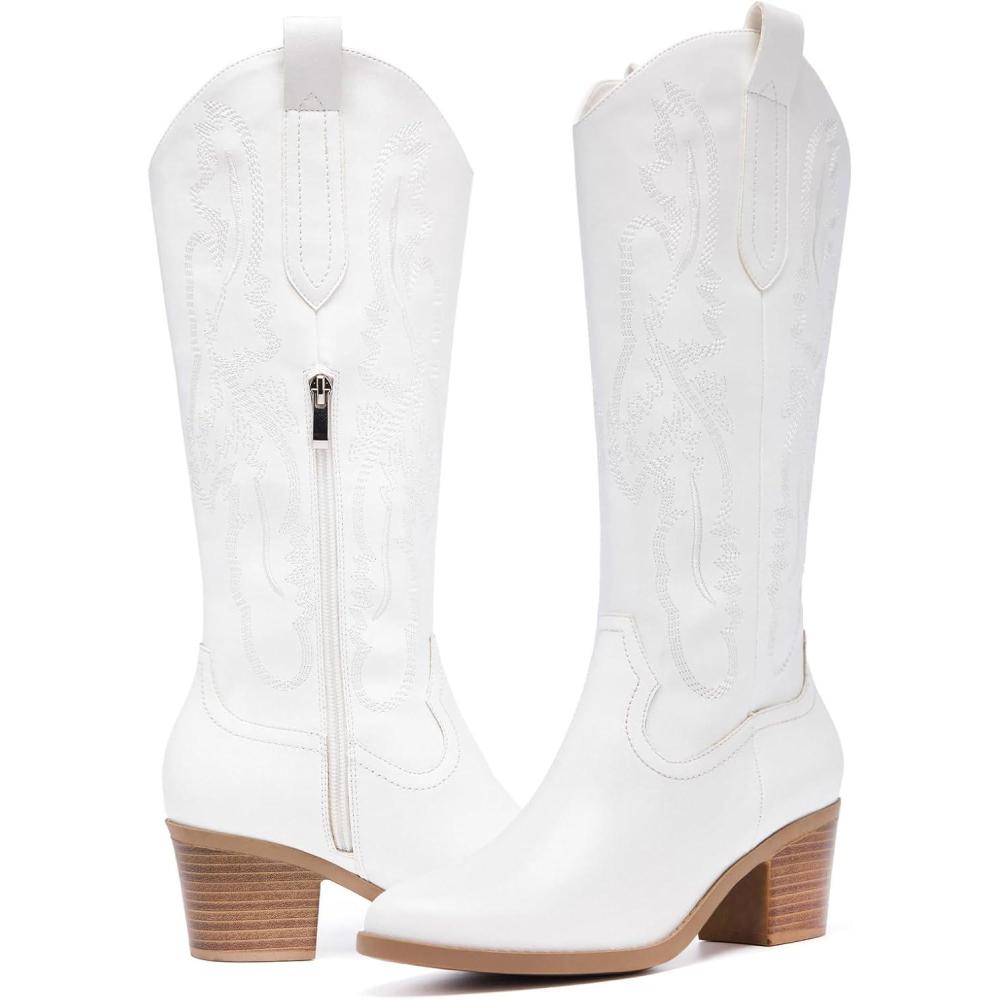 imageWomens Cowboy Boots Knee High with Side Zipper Wide Calf Cowgirl Boots Comfortable Western Classic Embroidered Pointy Toe Fashion Retro Classic Pull On Tall Boot Fall WinterWhite