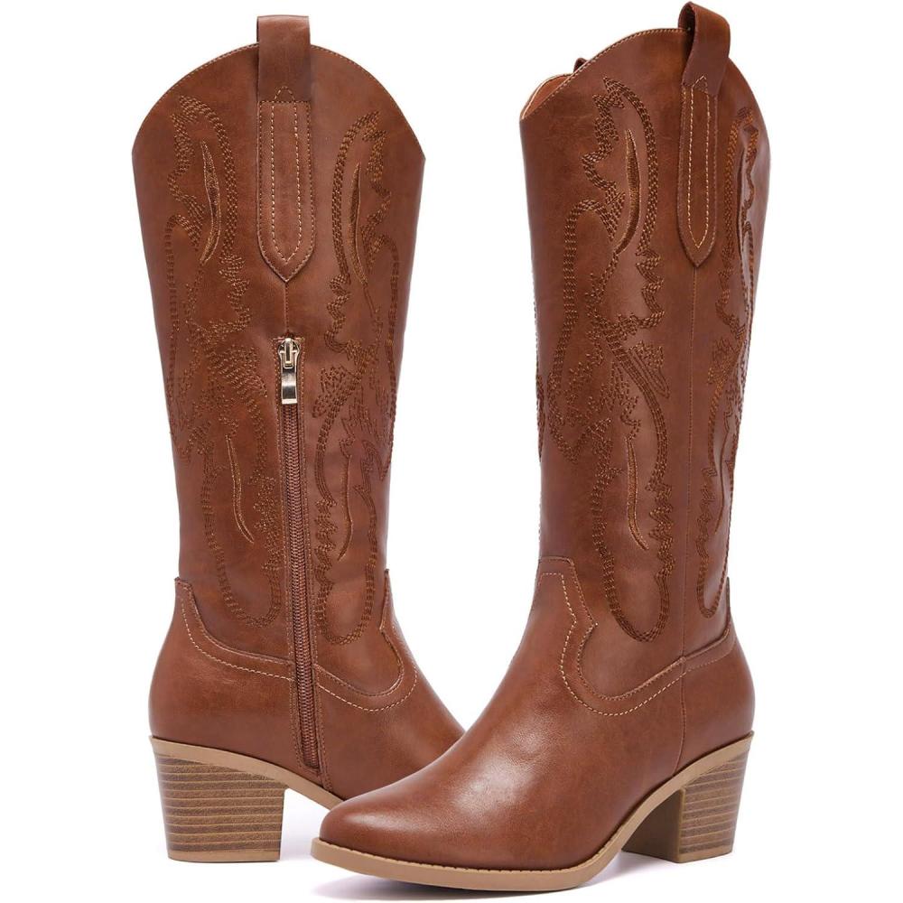 imageWomens Cowboy Boots Knee High with Side Zipper Wide Calf Cowgirl Boots Comfortable Western Classic Embroidered Pointy Toe Fashion Retro Classic Pull On Tall Boot Fall WinterBrown