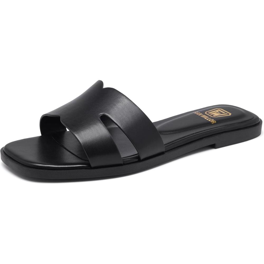 imageWomens Flat Sandals Dressy Comfortable Slide Sandals Fashion Square Open Toe Slip On Beach Sandals for SummerBlack