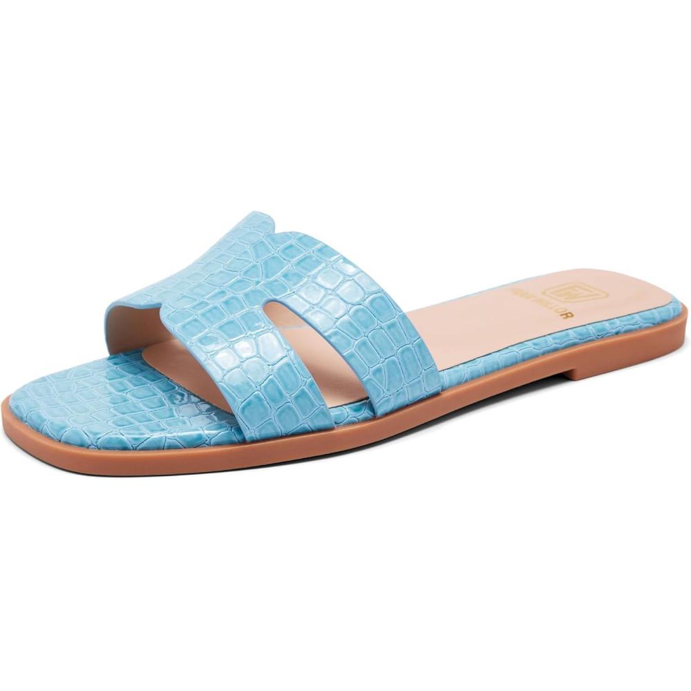 imageWomens Flat Sandals Dressy Comfortable Slide Sandals Fashion Square Open Toe Slip On Beach Sandals for SummerBlue