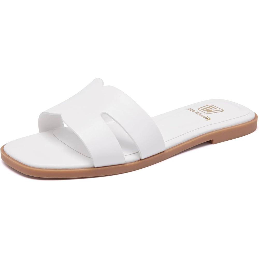 imageWomens Flat Sandals Dressy Comfortable Slide Sandals Fashion Square Open Toe Slip On Beach Sandals for SummerWhite