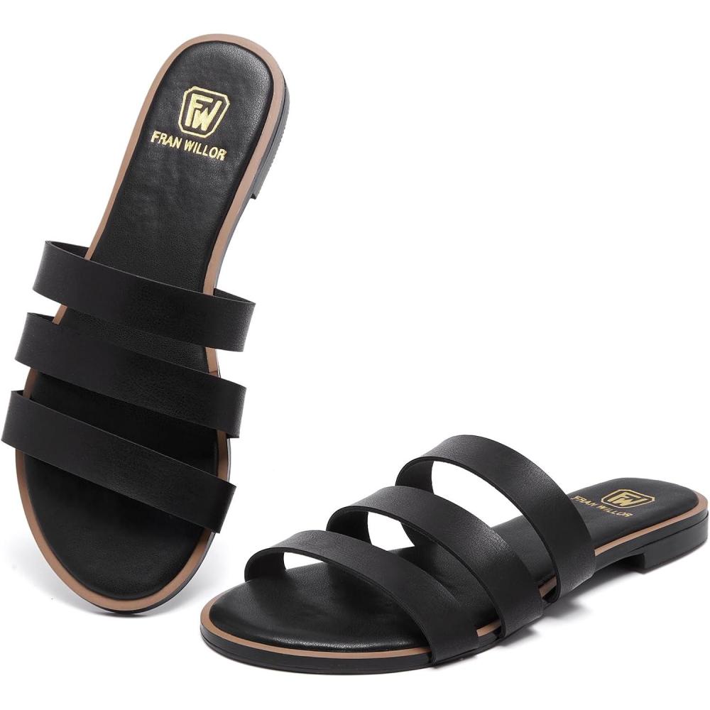 imageWomens Flat Sandals Dressy Open Toe Round Toe Slide Sandals Comfortable Casual Beach Slip on Slippers for SummerBlack