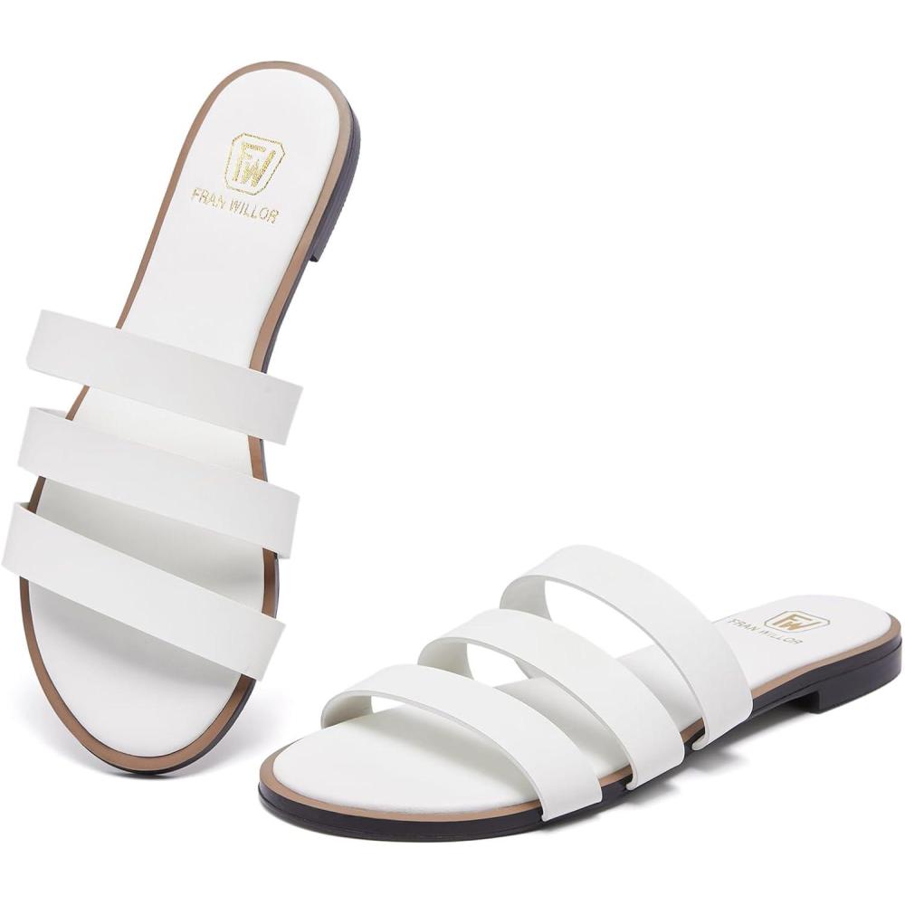 imageWomens Flat Sandals Dressy Open Toe Round Toe Slide Sandals Comfortable Casual Beach Slip on Slippers for SummerWhite