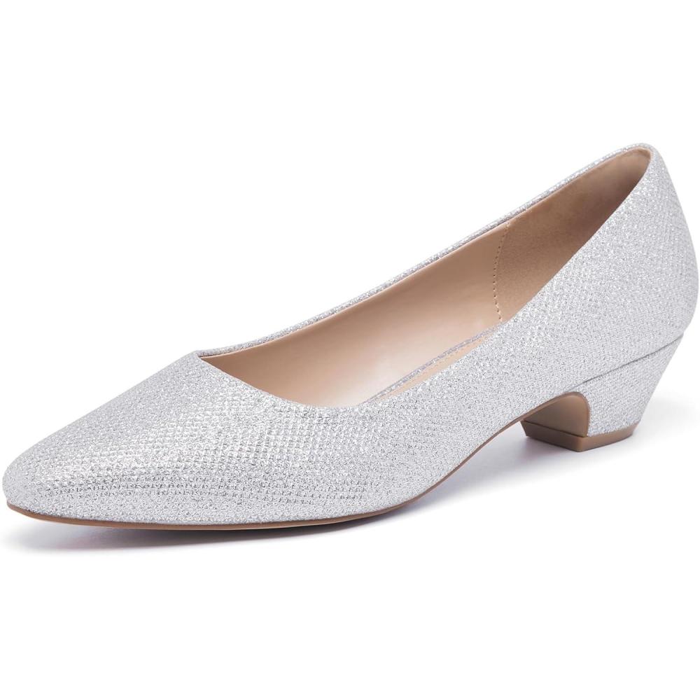 imageWomens Low Chunky Heels Pumps Comfortable Pointed Toe Dressy Work ShoesSilver