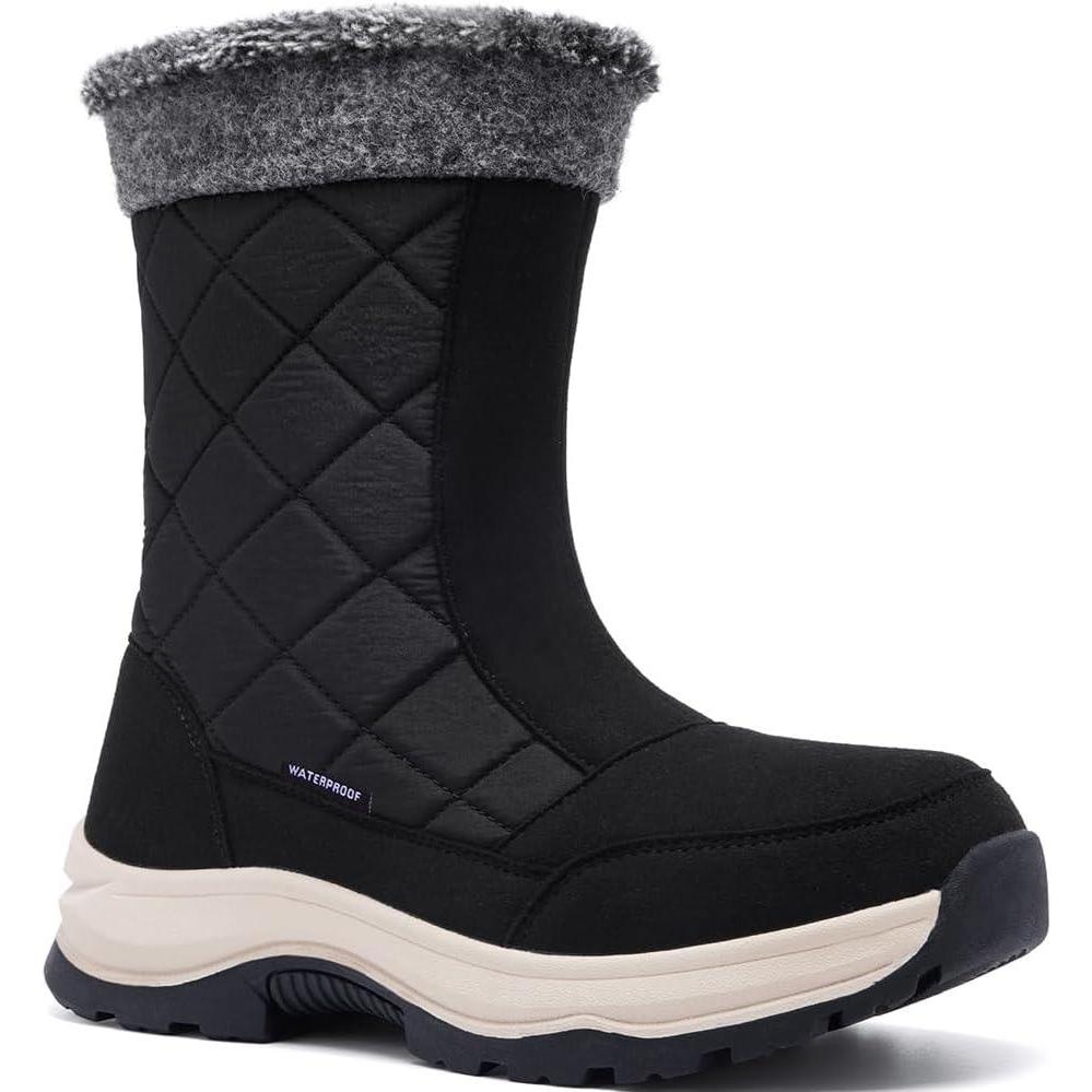 imageWomens Waterproof Winter Snow Boots Warm Comfortable with Side Zipper  2025 Fashion Lightweight Hiking boots for Cold Weather Insulated Mid Calf Military BootiesBlackWhite