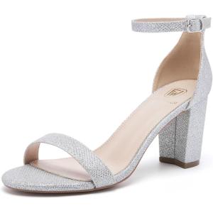 Women Open Toe Low Chunky Short Heels Ankle Strap Block Heel Sandals Party Dress Wedding Pump Shoes(Silver/Glitter)