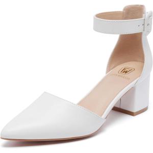 Women’s Closed Toe Heel Pumps Low Chunky Block Comfortable Dress Work Shoes(White 2.17inch)