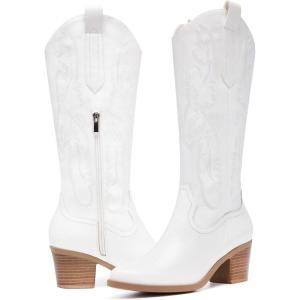 Women’s Cowboy Boots Knee High with Side Zipper Wide Calf Cowgirl Boots Comfortable Western Classic Embroidered Pointy Toe Fashion Retro Classic Pull On Tall Boot Fall Winter(White)