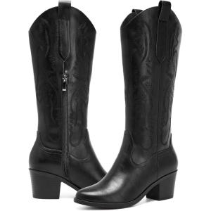 Women’s Cowboy Boots Knee High with Side Zipper Wide Calf Cowgirl Boots Comfortable Western Classic Embroidered Pointy Toe Fashion Retro Classic Pull On Tall Boot Fall Winter(Black)
