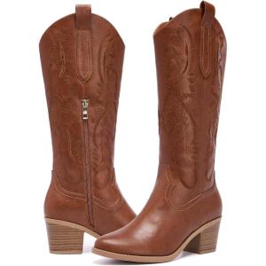 Women’s Cowboy Boots Knee High with Side Zipper Wide Calf Cowgirl Boots Comfortable Western Classic Embroidered Pointy Toe Fashion Retro Classic Pull On Tall Boot Fall Winter(Brown)