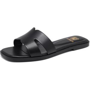 Women’s Flat Sandals Dressy Comfortable Slide Sandals Fashion Square Open Toe Slip On Beach Sandals for Summer(Black)
