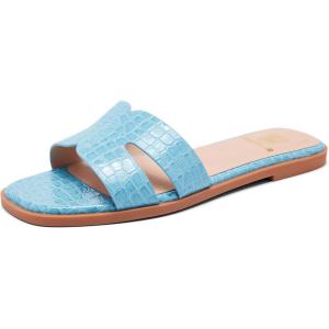Women’s Flat Sandals Dressy Comfortable Slide Sandals Fashion Square Open Toe Slip On Beach Sandals for Summer(Blue)