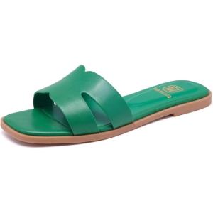Women’s Flat Sandals Dressy Comfortable Slide Sandals Fashion Square Open Toe Slip On Beach Sandals for Summer(Green)