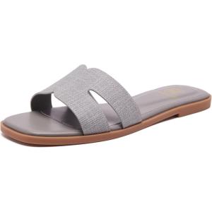 Women’s Flat Sandals Dressy Comfortable Slide Sandals Fashion Square Open Toe Slip On Beach Sandals for Summer(Grey)