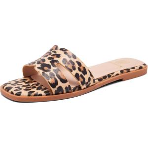Women’s Flat Sandals Dressy Comfortable Slide Sandals Fashion Square Open Toe Slip On Beach Sandals for Summer(Leopard)