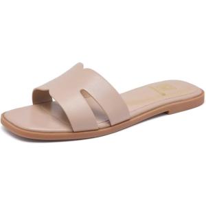 Women’s Flat Sandals Dressy Comfortable Slide Sandals Fashion Square Open Toe Slip On Beach Sandals for Summer(Nude)