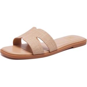 Women’s Flat Sandals Dressy Comfortable Slide Sandals Fashion Square Open Toe Slip On Beach Sandals for Summer(Raffia)
