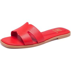 Women’s Flat Sandals Dressy Comfortable Slide Sandals Fashion Square Open Toe Slip On Beach Sandals for Summer(Red)