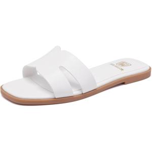 Women’s Flat Sandals Dressy Comfortable Slide Sandals Fashion Square Open Toe Slip On Beach Sandals for Summer(White)