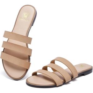 Women’s Flat Sandals Dressy Open Toe Round Toe Slide Sandals Comfortable Casual Beach Slip on Slippers for Summer(Apricot)