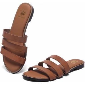 Women’s Flat Sandals Dressy Open Toe Round Toe Slide Sandals Comfortable Casual Beach Slip on Slippers for Summer(Cognac)
