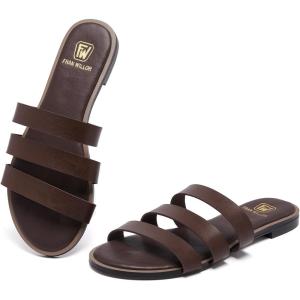 Women’s Flat Sandals Dressy Open Toe Round Toe Slide Sandals Comfortable Casual Beach Slip on Slippers for Summer(Dark Brown)