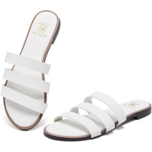 Women’s Flat Sandals Dressy Open Toe Round Toe Slide Sandals Comfortable Casual Beach Slip on Slippers for Summer(White)