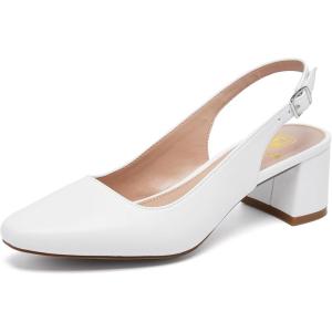 Women’s Low Chunky Slingback Heels Square Toe Block Dress Shoes Closed Toe Comfortable Wedding Office Work Pumps(White)