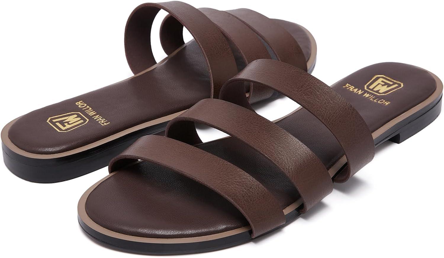 imageWomens Flat Sandals Dressy Comfortable Slide Sandals Fashion Square Open Toe Slip On Beach Sandals for SummerDark Brown