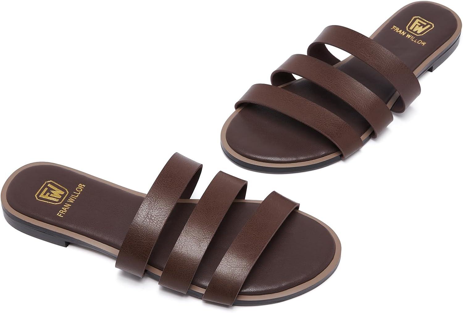 imageWomens Flat Sandals Dressy Comfortable Slide Sandals Fashion Square Open Toe Slip On Beach Sandals for SummerDark Brown