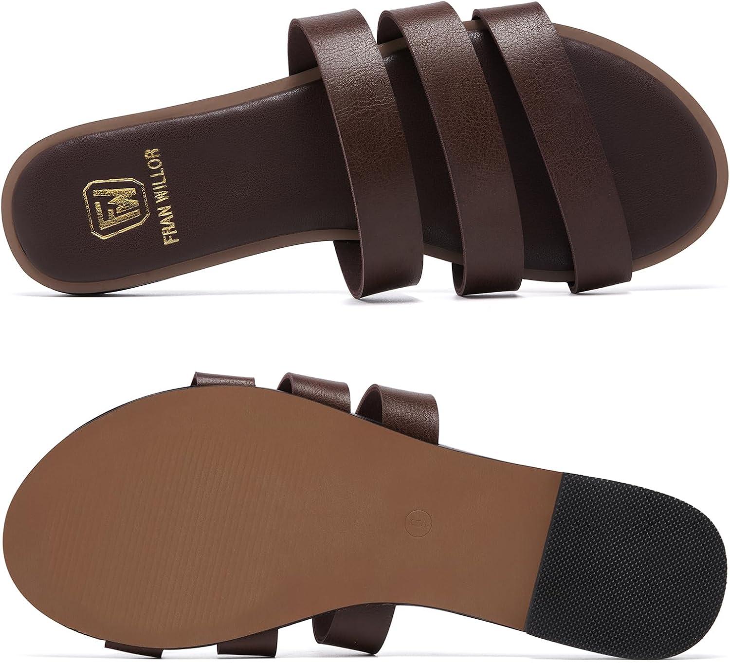 imageWomens Flat Sandals Dressy Comfortable Slide Sandals Fashion Square Open Toe Slip On Beach Sandals for SummerDark Brown