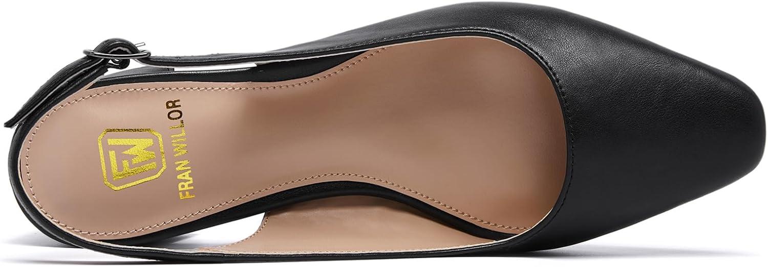 imageWomens Low Chunky Slingback Heels Square Toe Block Dress Shoes Closed Toe Comfortable Wedding Office Work Black Pumps 85