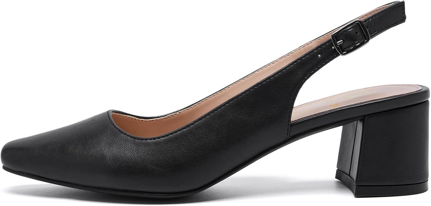 imageWomens Low Chunky Slingback Heels Square Toe Block Dress Shoes Closed Toe Comfortable Wedding Office Work Black Pumps 85