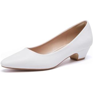 FW FRAN WILLOR Women’s Low Chunky Heels Pumps Comfortable Pointed Toe Dressy Work Shoes(White)