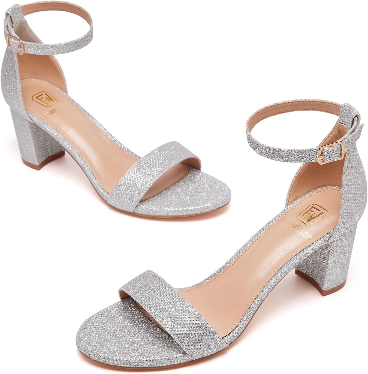 image:imageWomen Open Toe Low Chunky Short Heels Ankle Strap Block Heel Sandals Party Dress Wedding Pump ShoesSilver Glitter