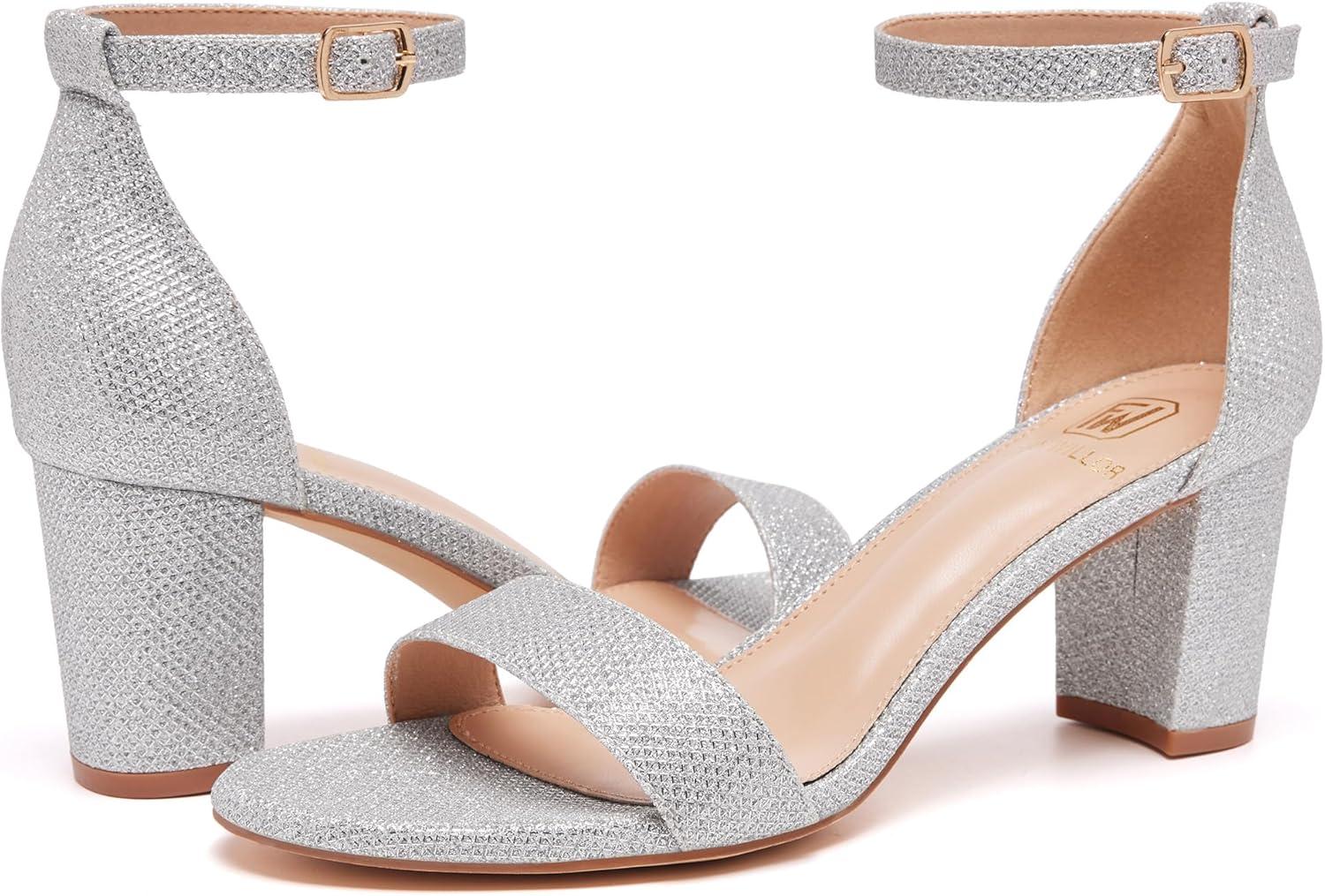 image:imageWomen Open Toe Low Chunky Short Heels Ankle Strap Block Heel Sandals Party Dress Wedding Pump ShoesSilver Glitter