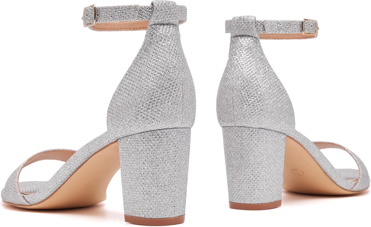 image:imageWomen Open Toe Low Chunky Short Heels Ankle Strap Block Heel Sandals Party Dress Wedding Pump ShoesSilver Glitter