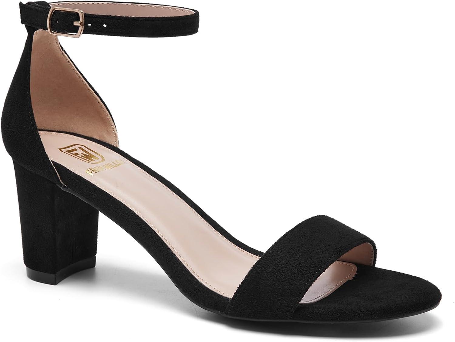 image:imageFW FRAN WILLOR Women Open Toe Low Chunky Short Heels Ankle Strap Block Heel Sandals Party Dress Wedding Pump ShoesBlack