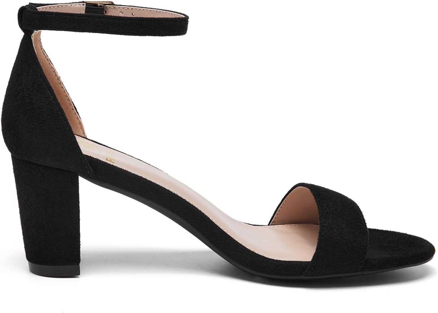 image:imageFW FRAN WILLOR Women Open Toe Low Chunky Short Heels Ankle Strap Block Heel Sandals Party Dress Wedding Pump ShoesBlack