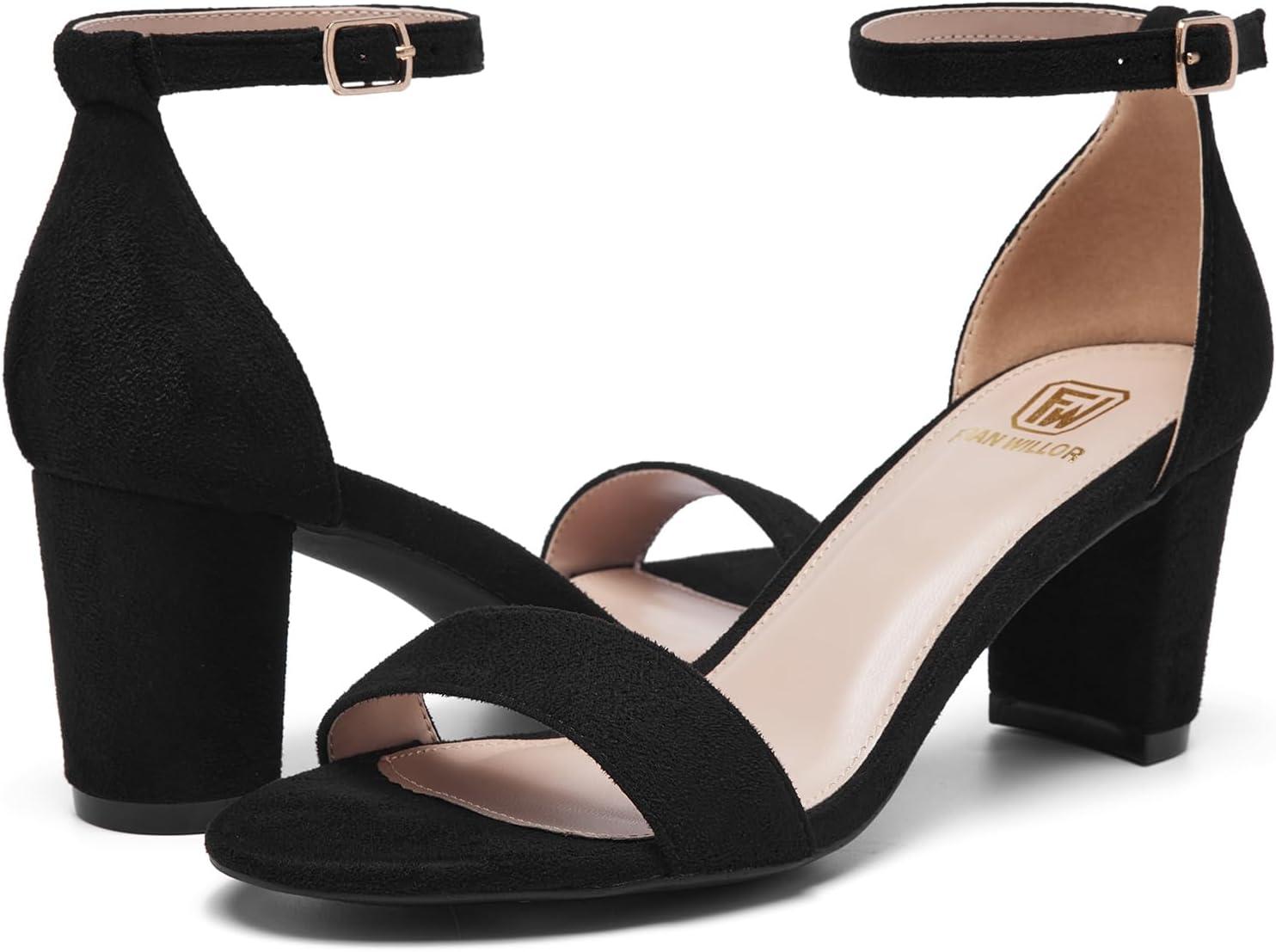 image:imageFW FRAN WILLOR Women Open Toe Low Chunky Short Heels Ankle Strap Block Heel Sandals Party Dress Wedding Pump ShoesBlack