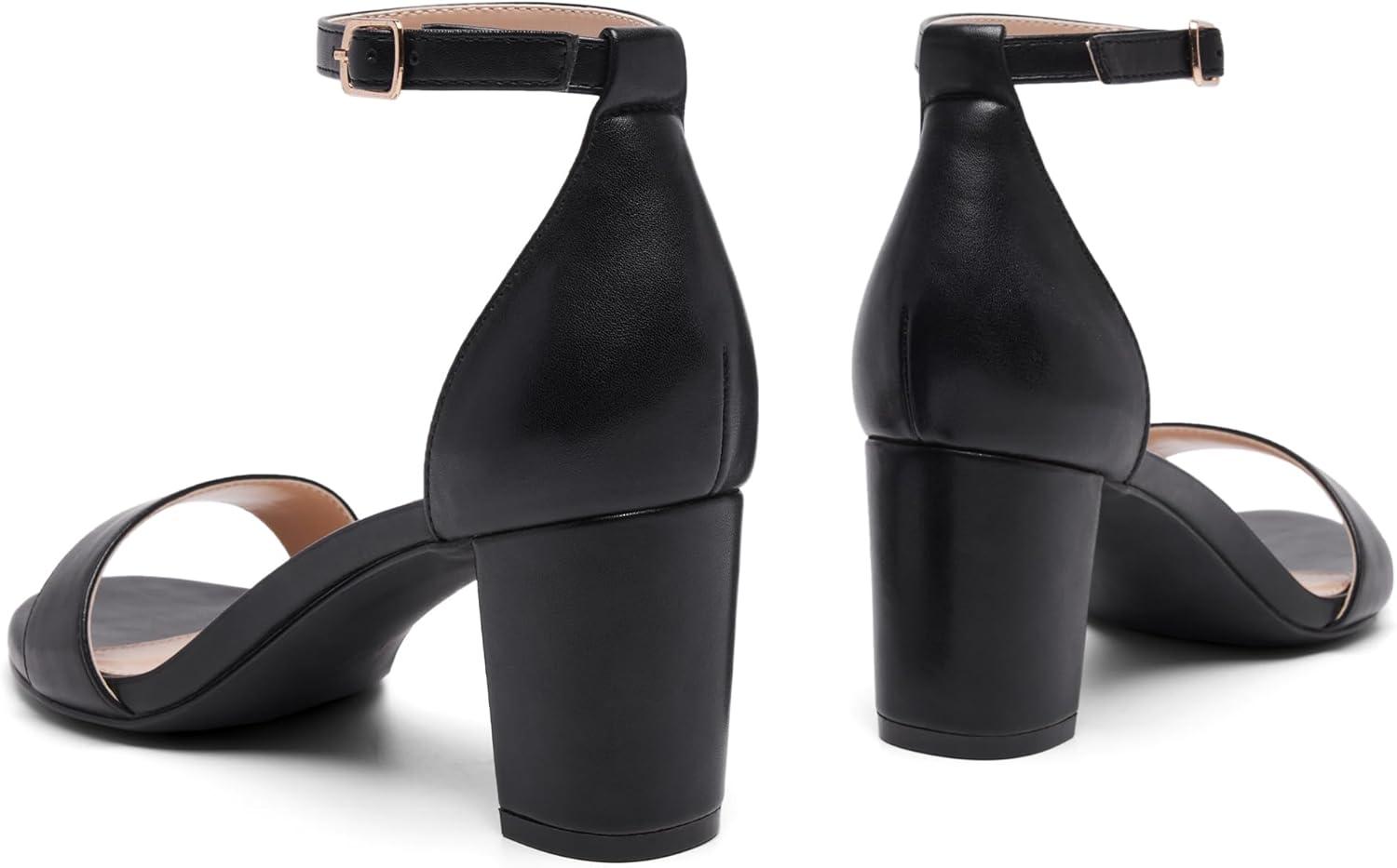 image:imageFW FRAN WILLOR Women Open Toe Low Chunky Short Heels Ankle Strap Block Heel Sandals Party Dress Wedding Pump ShoesBlackPu