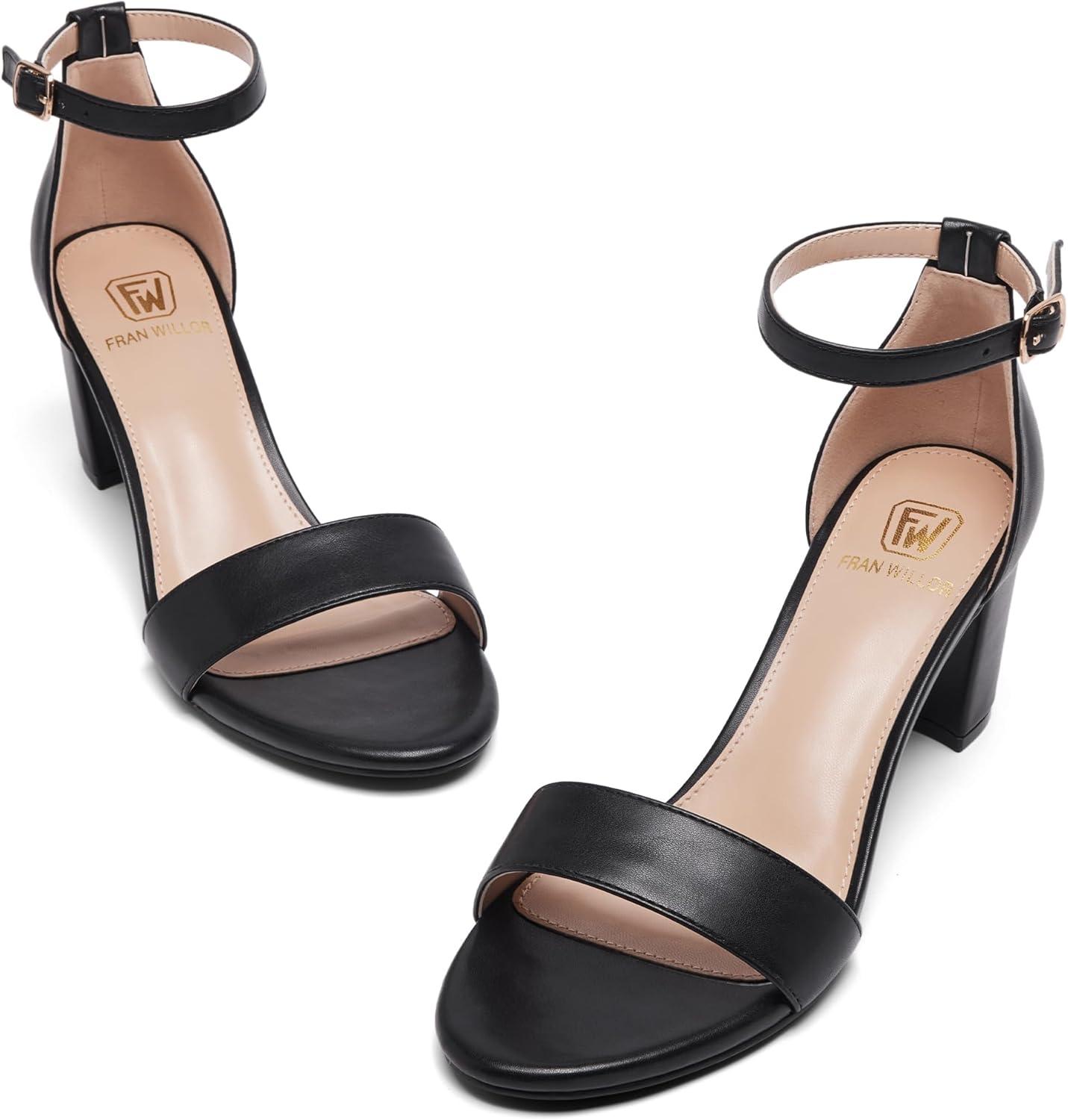 image:imageFW FRAN WILLOR Women Open Toe Low Chunky Short Heels Ankle Strap Block Heel Sandals Party Dress Wedding Pump ShoesBlackPu