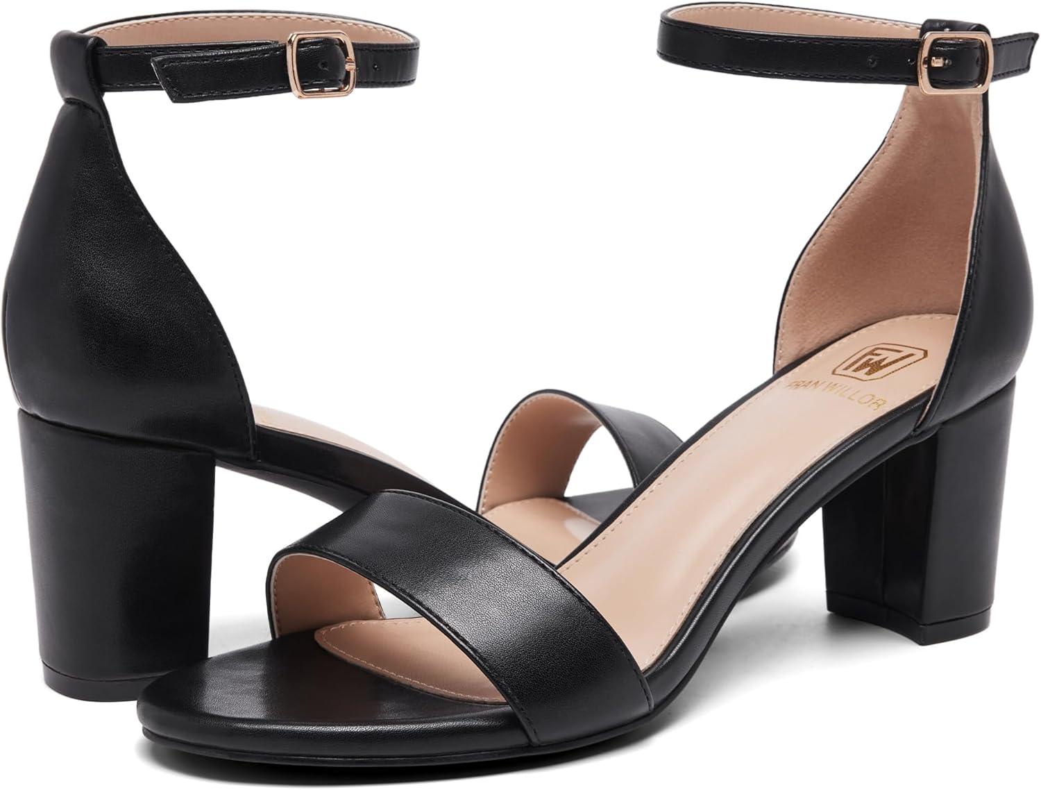 image:imageFW FRAN WILLOR Women Open Toe Low Chunky Short Heels Ankle Strap Block Heel Sandals Party Dress Wedding Pump ShoesBlackPu