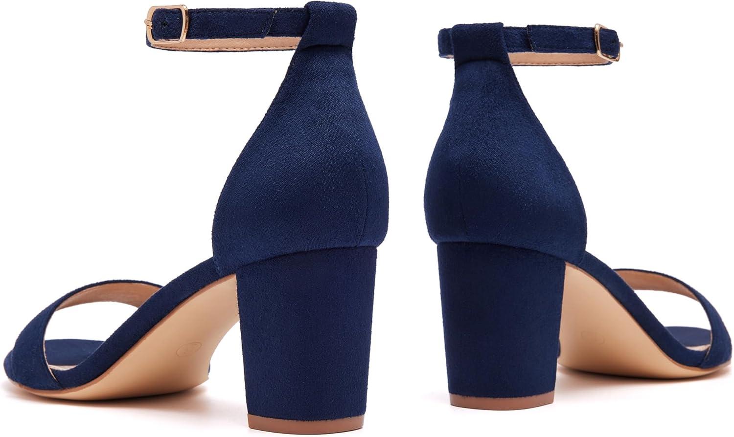 image:imageFW FRAN WILLOR Women Open Toe Low Chunky Short Heels Ankle Strap Block Heel Sandals Party Dress Wedding Pump ShoesBlue Suede