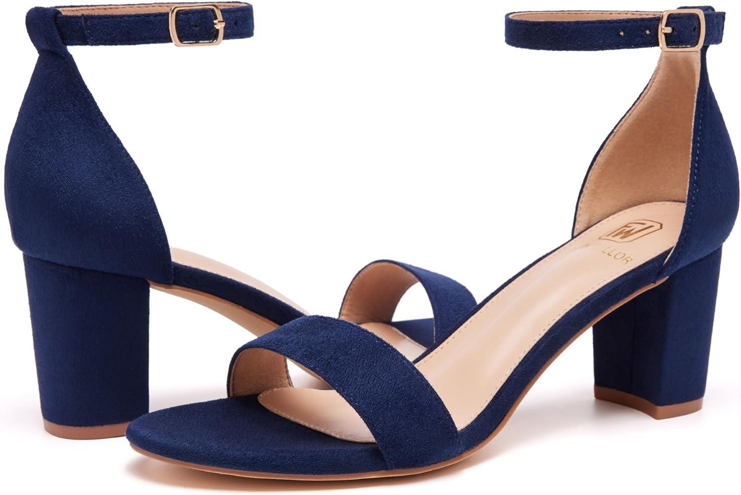 image:imageFW FRAN WILLOR Women Open Toe Low Chunky Short Heels Ankle Strap Block Heel Sandals Party Dress Wedding Pump ShoesBlue Suede