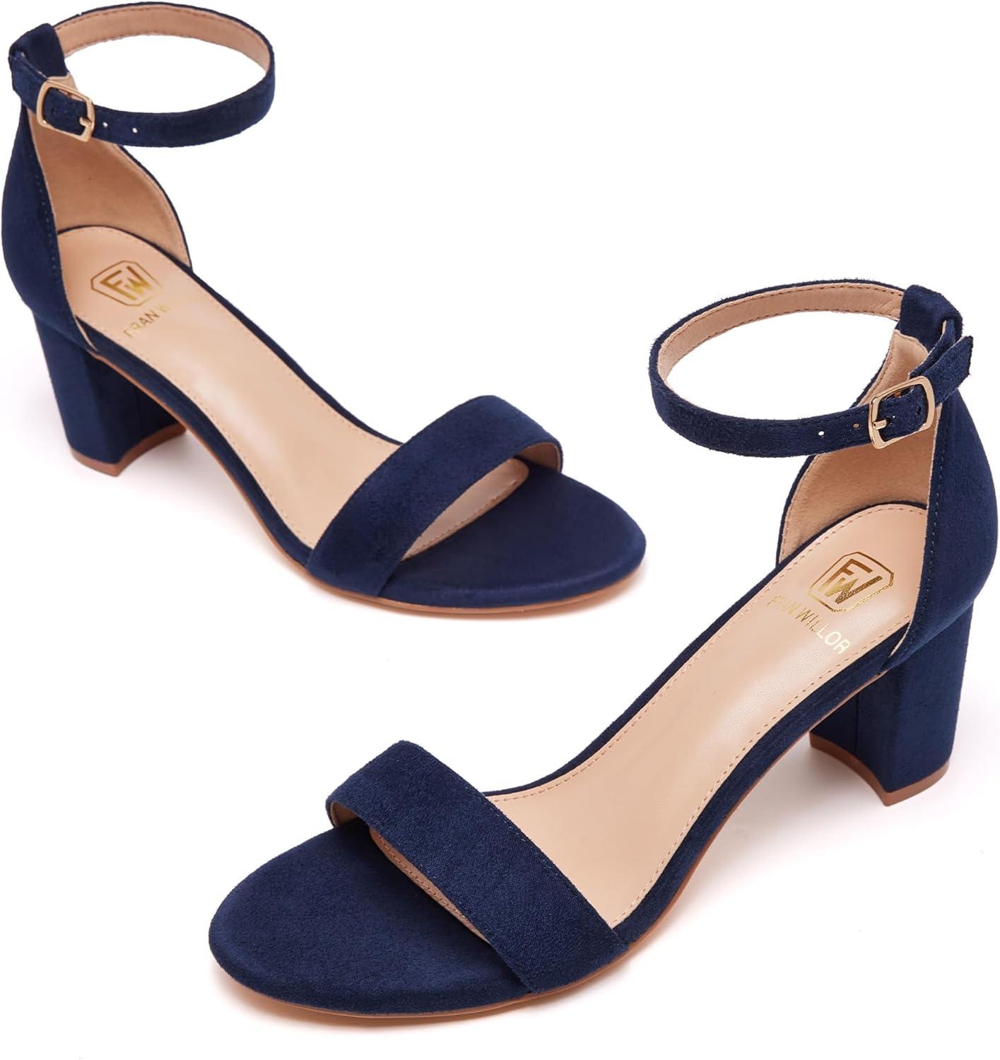 image:imageFW FRAN WILLOR Women Open Toe Low Chunky Short Heels Ankle Strap Block Heel Sandals Party Dress Wedding Pump ShoesBlue Suede