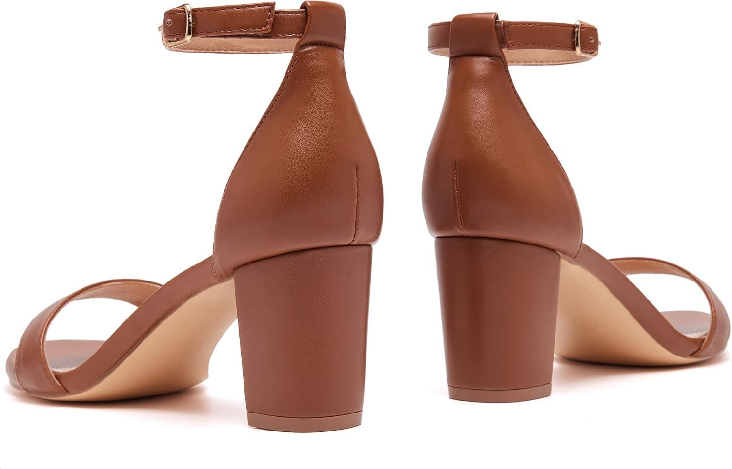 image:imageFW FRAN WILLOR Women Open Toe Low Chunky Short Heels Ankle Strap Block Heel Sandals Party Dress Wedding Pump ShoesBrown